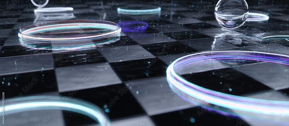 Poster abstract rings and spheres on a checkerboard surface with a futuristic and modern design style