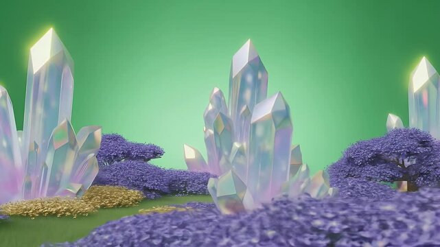 Iridescent Crystals in Purple and Gold Field Isolated on Green Screen A 3D Fantasy Landscape for VFX and Gaming Assets