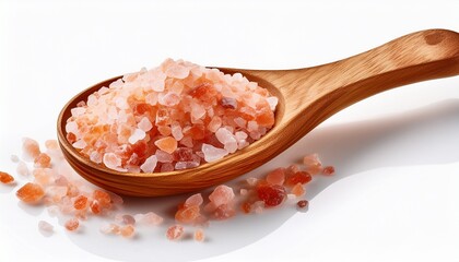 tilt wooden spoon with himalayan salt isolated on white background