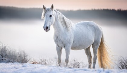 majestic white horse on pristine white background against a soft warm light white background white snow