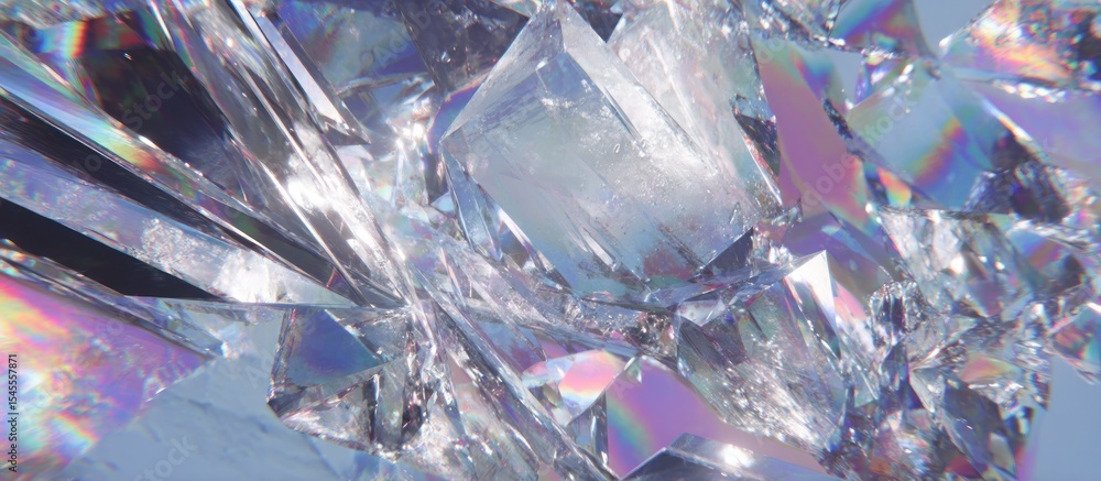 Poster close up of multiple clear crystals with iridescent reflections and light blue background elements