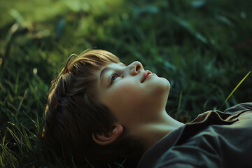 Side view of boy lying on green lawn looking up in the sky