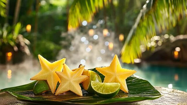 Star fruit and lime slices on a tropical setting