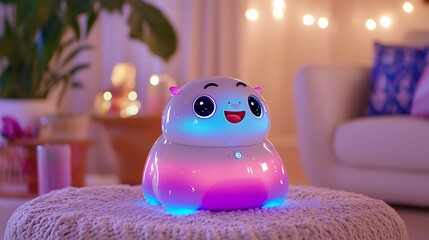 Adorable Robotic Pet with Glowing Sensors in a Cozy Living Room