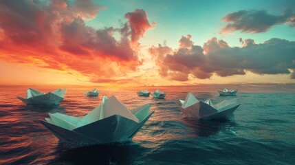 Fototapeta premium Paper boats drifting on a calm sea under a breathtaking sunset sky