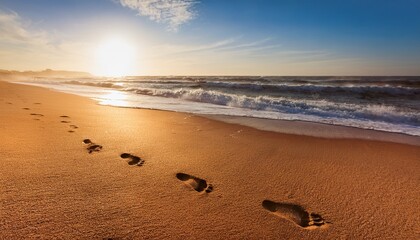 footprints left on the sandy beach under gentle sunlight
