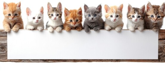 Group of pets  above empty white banner looking down. isolated on white background. Empty space for text , isolated on white background,  , copy space, copy space for text,