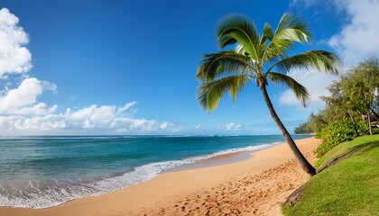 Fototapeta premium coconut palm tree on the sandy beach in hawaii kauai
