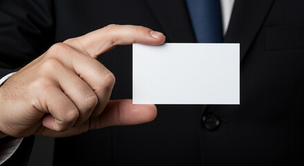 Obraz premium Businessman in Suit Holding Blank Business Card for Customization