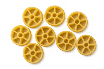 Wagon wheel pasta floating against transparent backdrop, showcasing culinary design element