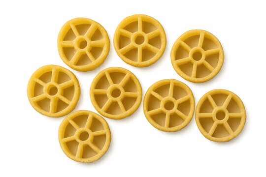 Wagon wheel pasta floating against transparent backdrop, showcasing culinary design element - Powered by Adobe