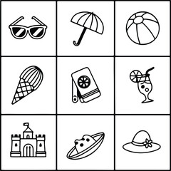 Summer Vacation Line Art Icon Set Vector,  Beach Elements Outline, Holiday Essentials Doodle Icons, Hand Drawn Summer Objects, Travel and Beach Symbol isolate on white background.