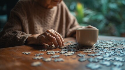 Senior woman engaging in puzzle-solving on wooden table for cognitive health, promoting dementia prevention. Soft natural light, intimate setting with shallow depth of field