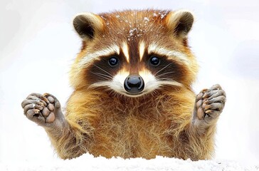 Fototapeta premium Portrait of a funny raccoon sitting with paws raised, isolated on white background , isolated on white background, , copy space, copy space for text,