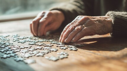 Senior woman engaging in puzzle-solving on wooden table for cognitive health, promoting dementia prevention. Soft natural light, intimate setting with shallow depth of field