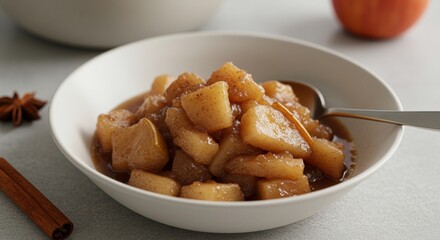 Sweet Apple Cubes with Caramel Sauce in a White Bowl