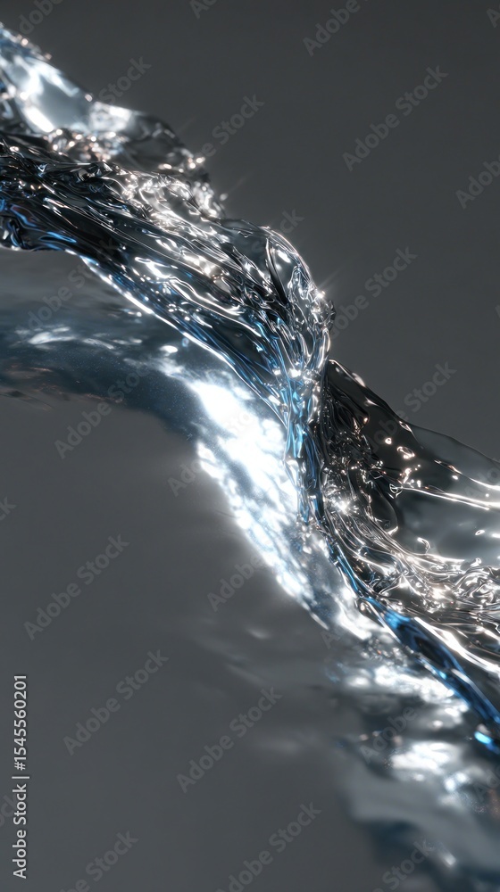 Poster abstract image showing a dynamic flow of liquid with silver and blue highlights on a gray background