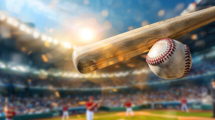Baseball bat hitting home run with dynamic motion during game, sports action and competition concept, athlete swinging for victory in professional match.	