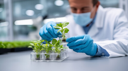 Plant scientist examining seedling samples in sustainable agriculture research laboratory