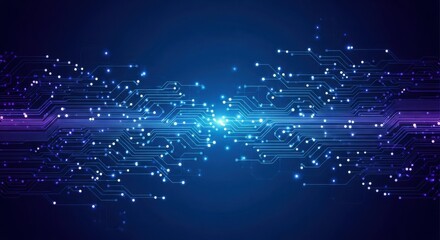 Abstract tech background with circuit lines and glowing dots, dark blue theme