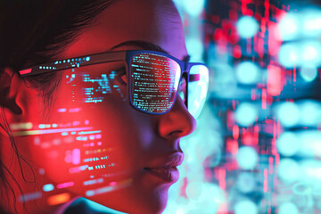 Software, coding hologram and woman on tablet thinking of data analytics, digital technology and night overlay. Programmer or IT person in glasses on 3d screen, programming and cybersecurity research