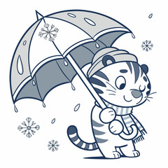 Grumpy expression on a Tiger in a Cozy winter theme, with under an umbrella – Frosty Winter vector art