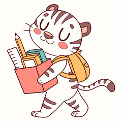 Sleepy Tiger with carrying a gift box, set in a charming Back to school theme – Chalkboard Fun color vector art