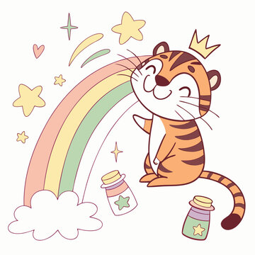 Naklejki Silly Tiger with with a tiny crown, set in a charming Rainbow theme – Pastel Rainbow color vector art