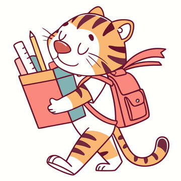 Naklejki Sleepy Tiger with carrying a gift box, set in a charming Back to school theme – Chalkboard Fun color vector art