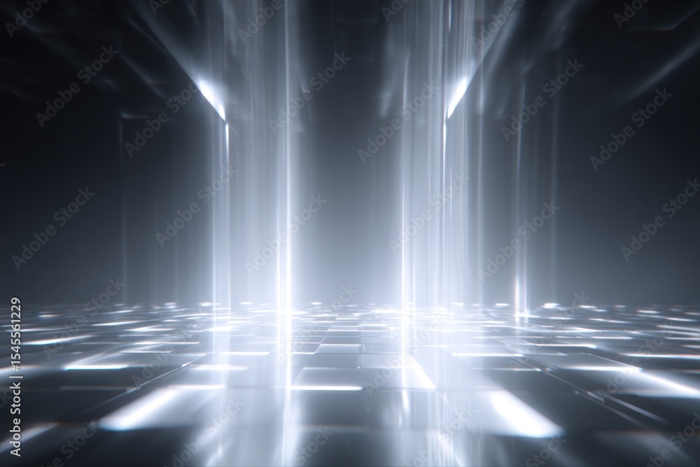 Poster abstract white light beams illuminating a dark checkered floor in a futuristic setting with depth