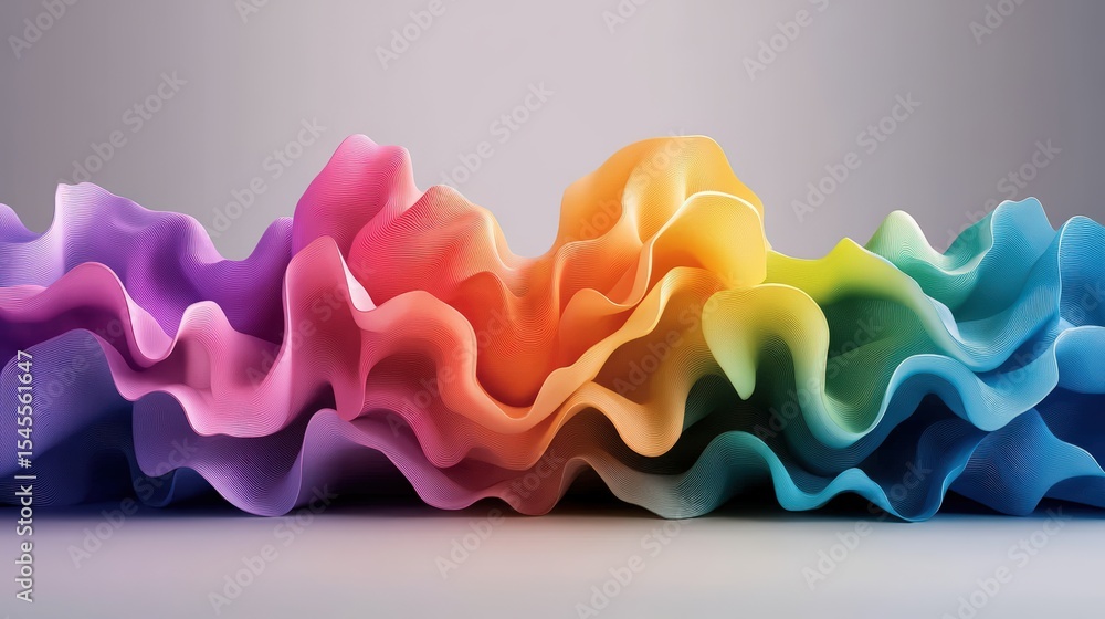 Aufkleber vibrant multicolored ruffled fabric with soft texture and elegant flowing waves on gray background