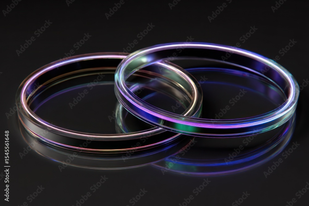 Poster two rings intertwined with iridescent glow reflecting on a glossy black surface in a studio setting