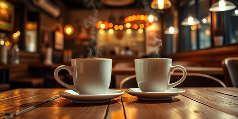 Two steaming coffee cups on a rustic wooden table in a dimly lit diner at night, minimalist, quiet