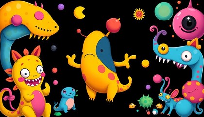 Naklejka premium Vibrant, cartoonish surreal creatures and shapes in a playful, psychedelic style against a black backdrop, wallpaper, colorful