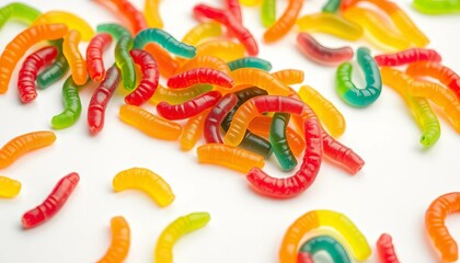 Vibrant gummy worms playfully scattered on a pristine white background, food, jelly worms