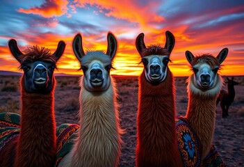 Vibrant sunset, cute llamas adorned in colorful African print fabric,   wool,  wax print