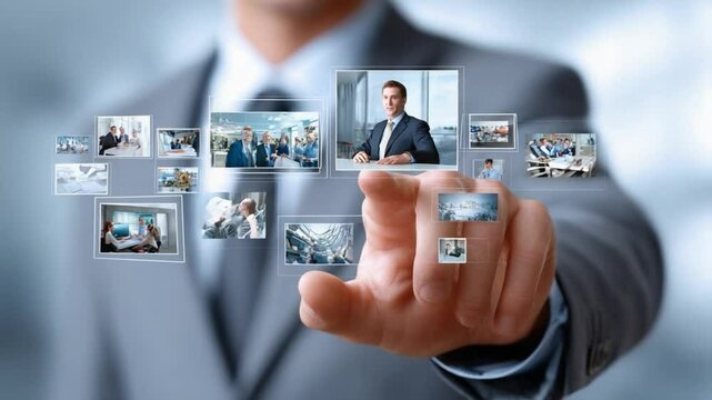Touch-Screen Technology: A modern professional engages with technology, employing a touch-screen interface to manipulate diverse images and data, showcasing the power of digital interaction. 