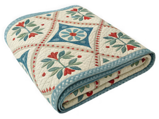 Folded floral quilt with blue border, red and green flowers, cream background