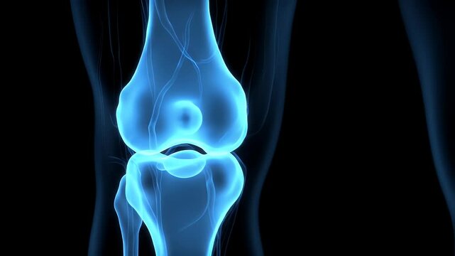 Detailed 3D Medical Visualization of a Translucent Blue Human Knee Joint Against a Black Background Revealing Complex Internal Bone and Ligament Structure