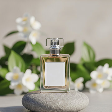 Blank label perfume bottle on stone with flowers