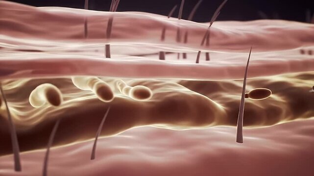 Detailed 3D Rendering of Human Skin Layers Featuring Epidermis Dermis and Hair Follicles for Medical and Dermatological Visualization