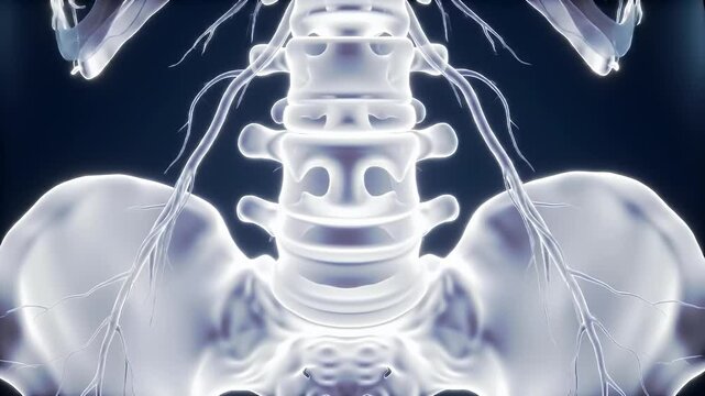 Detailed 3D Rendering of Human Spinal Column and Pelvis on Blue Background for Medical Visualization