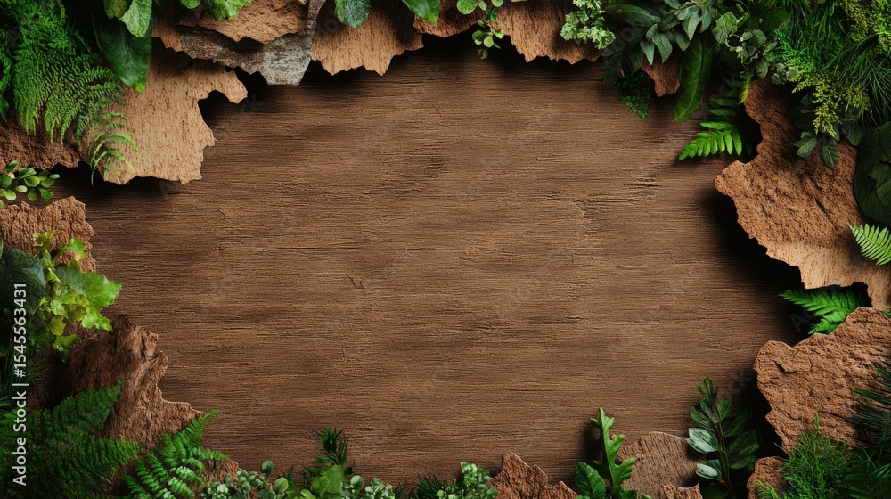 Poster natural wooden frame with lush green ferns and plants creating a forest themed border on rustic brow