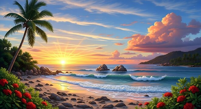 Tropical Beach Sunset with Palm Trees - 8K Wallpaper