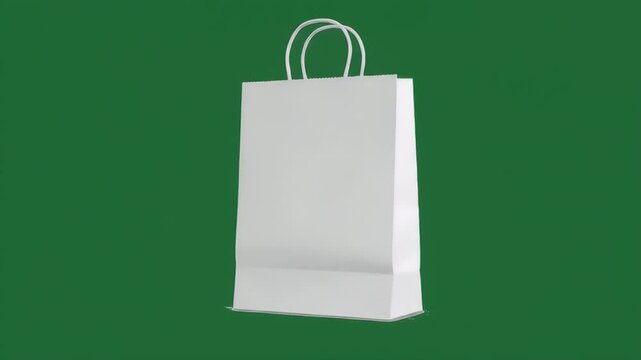White Paper Shopping Bag Rotation Isolated by Green Screen For Compositing Use Perfect for Mockups Advertising and Retail Promotions