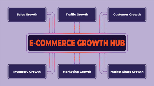 Visual representation of E-commerce growth hub strategies and interconnected components for business success