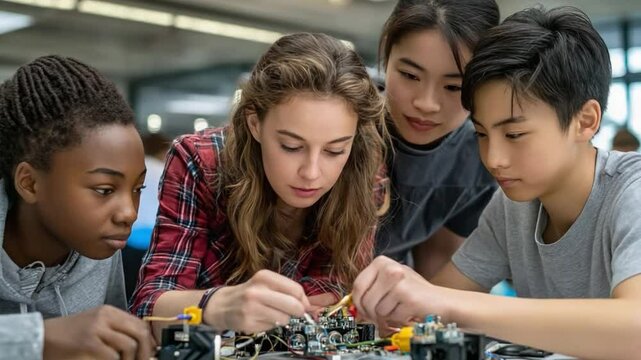 STEM in Progress: Focused group of diverse students working together on a technology project, building and assembling components, demonstrating collaboration and hands-on learning.