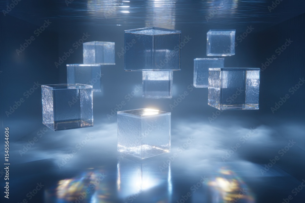 Aufkleber a collection of clear cubes floating in a blue and foggy atmosphere with light reflecting from below