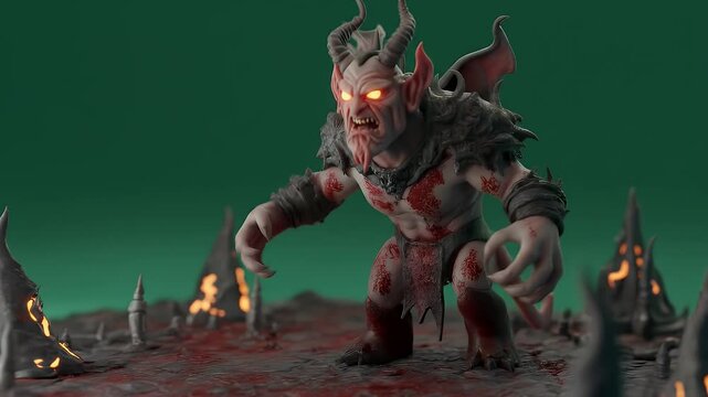 Menacing Demon Creature in Idle Stance Isolated on Green Screen with High Angle View Bloody Pale Skin and Volcanic Landscape for Visual Effects and Fantasy Themed Projects