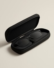 Realistic isolated product image of a foldable matte black smart glasses case with smooth compartments, placed on a light gray background, showcasing modern tech storage and functional design